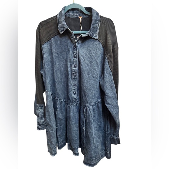 NEW! FREE PEOPLE Kenny Blue Denim Mini Dress Baby Doll Fray Edge Boho SZ MED NWT - Picture 11 of 14